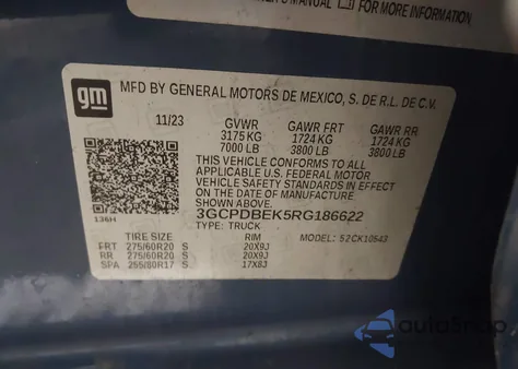 2024 Chevrolet Silverado 1500 4Wd Short Bed Custom z USA, uszkodzony, nr VIN 3GCPDBEK5RG186622